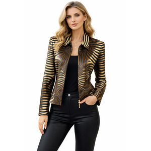 Joseph Ribkoff Animal Print Swirl Jacket Size 8 Metallic Zip Front Gold Black